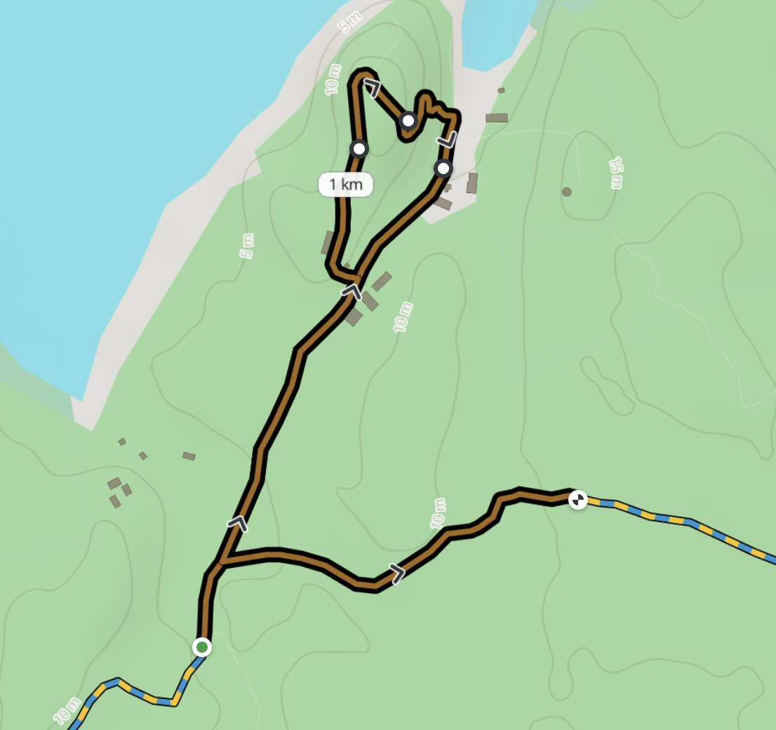 A hand-built route on the map: white waypoint dots dropped along the trail from a green start marker, joined point to point into a single walking route.
