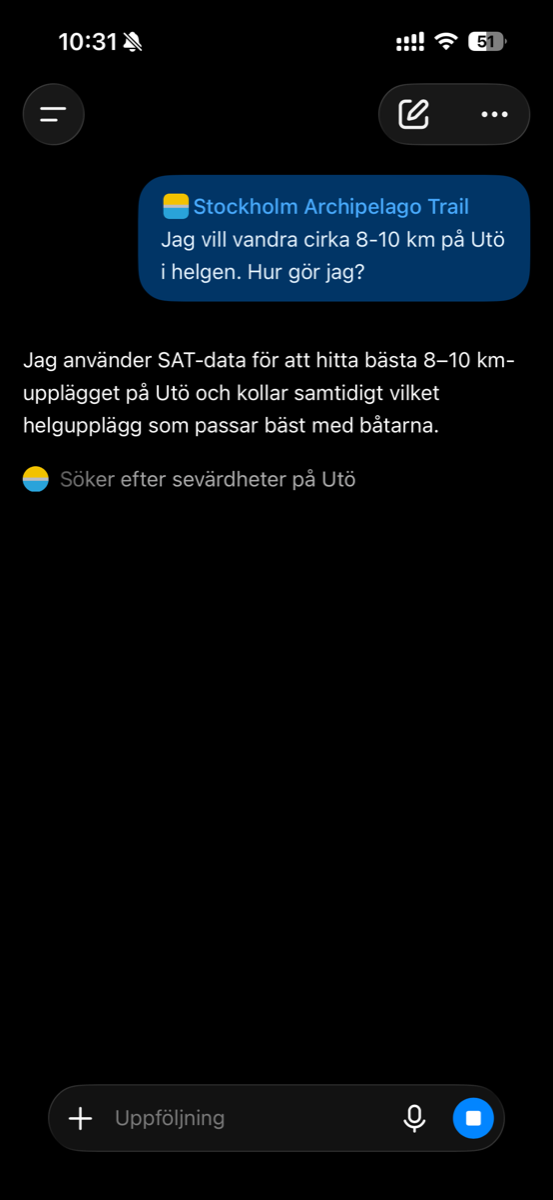 ChatGPT with the Stockholm Archipelago Trail app tagged, answering the question “I want to hike about 8–10 km on Utö this weekend, how do I do it?” and searching for sights on Utö.