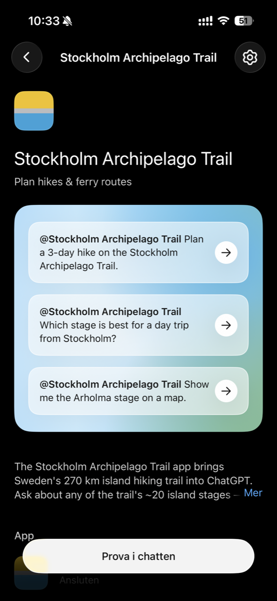 The Stockholm Archipelago Trail app page in ChatGPT with example prompts and a “Try in chat” button.