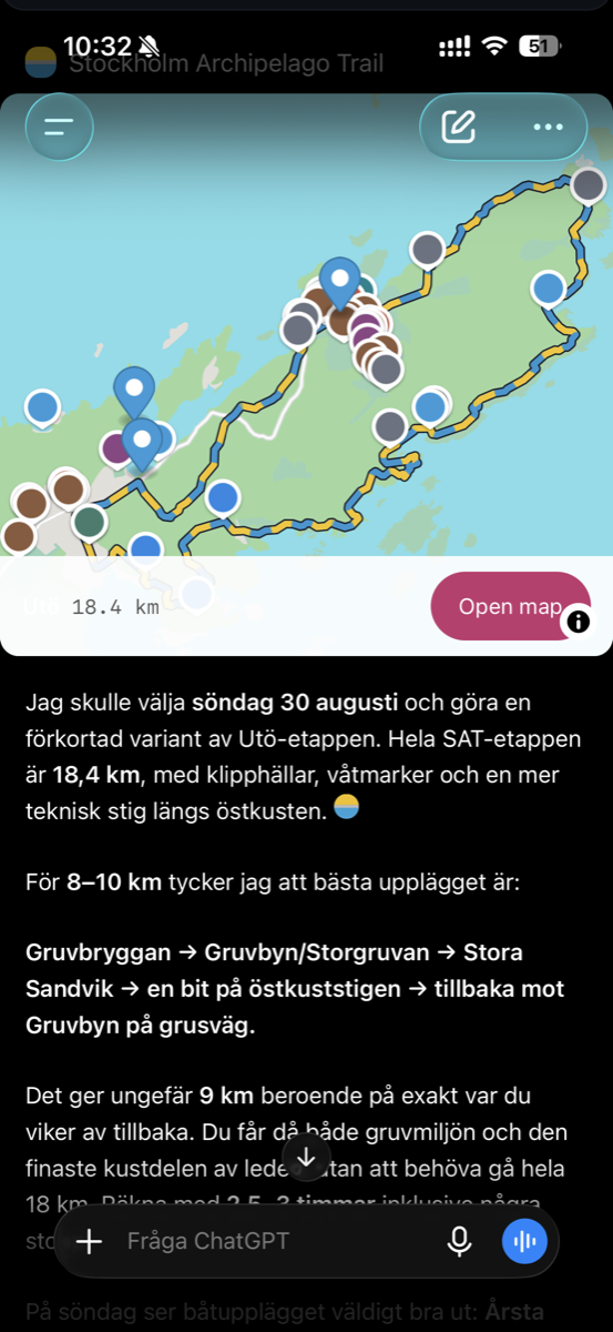 ChatGPT showing the Utö stage on an interactive map with an Open map button, followed by a suggested 9 km loop from Gruvbryggan and the best ferry day.